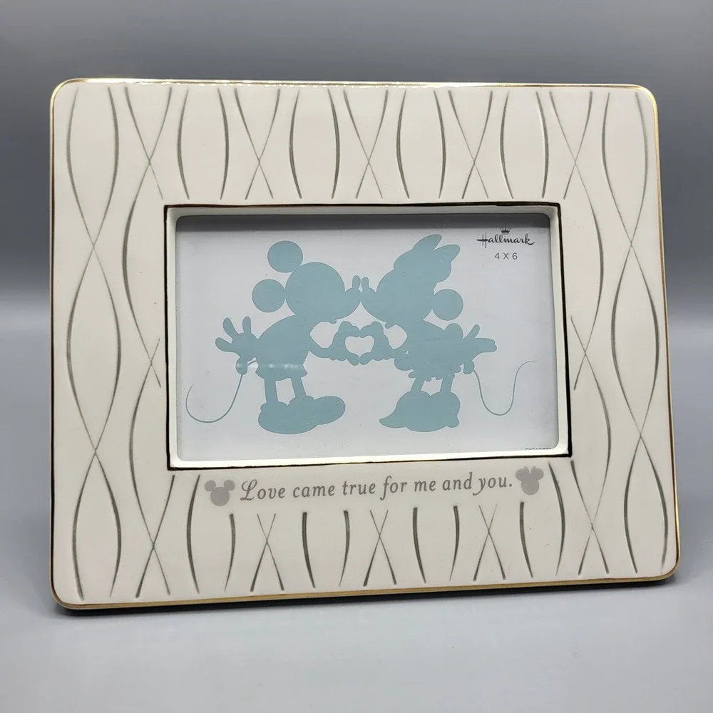 Hallmark Picture Frame Disney 4x6 Mickey Minnie Love Came True CreamGold Ceramic